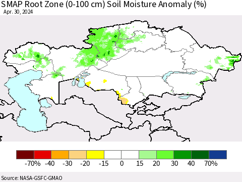 Kazakhstan SMAP Root Zone (0-100 cm) Soil Moisture Anomaly (%) Thematic Map For 4/26/2024 - 4/30/2024