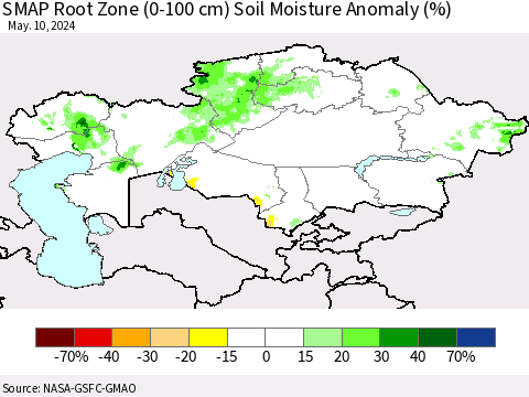 Kazakhstan SMAP Root Zone (0-100 cm) Soil Moisture Anomaly (%) Thematic Map For 5/6/2024 - 5/10/2024