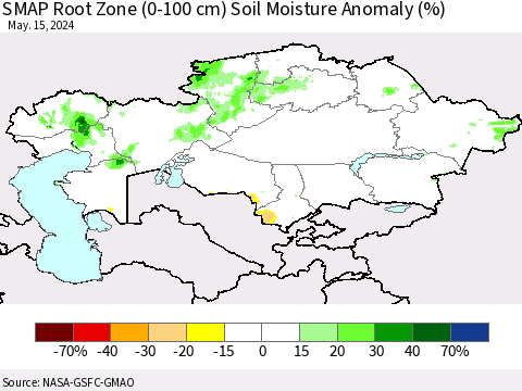 Kazakhstan SMAP Root Zone (0-100 cm) Soil Moisture Anomaly (%) Thematic Map For 5/11/2024 - 5/15/2024