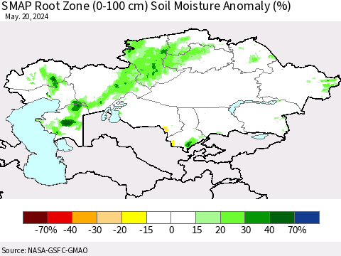 Kazakhstan SMAP Root Zone (0-100 cm) Soil Moisture Anomaly (%) Thematic Map For 5/16/2024 - 5/20/2024