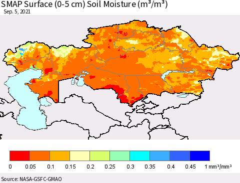 Kazakhstan SMAP Surface (0-5 cm) Soil Moisture (m³/m³) Thematic Map For 9/1/2021 - 9/5/2021