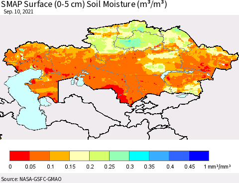 Kazakhstan SMAP Surface (0-5 cm) Soil Moisture (m³/m³) Thematic Map For 9/6/2021 - 9/10/2021