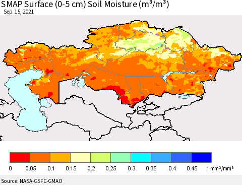 Kazakhstan SMAP Surface (0-5 cm) Soil Moisture (m³/m³) Thematic Map For 9/11/2021 - 9/15/2021