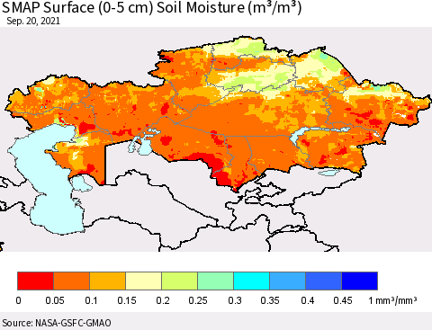 Kazakhstan SMAP Surface (0-5 cm) Soil Moisture (m³/m³) Thematic Map For 9/16/2021 - 9/20/2021
