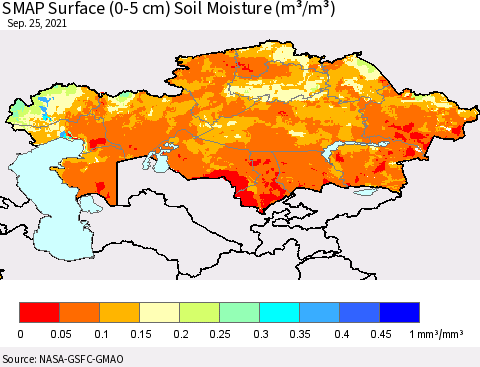 Kazakhstan SMAP Surface (0-5 cm) Soil Moisture (m³/m³) Thematic Map For 9/21/2021 - 9/25/2021