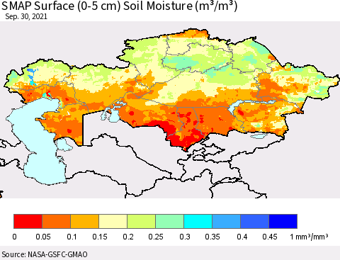 Kazakhstan SMAP Surface (0-5 cm) Soil Moisture (m³/m³) Thematic Map For 9/26/2021 - 9/30/2021