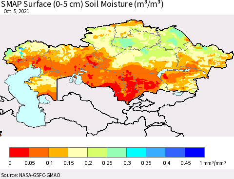 Kazakhstan SMAP Surface (0-5 cm) Soil Moisture (m³/m³) Thematic Map For 10/1/2021 - 10/5/2021