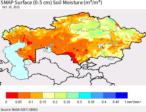 Kazakhstan SMAP Surface (0-5 cm) Soil Moisture (m³/m³) Thematic Map For 10/6/2021 - 10/10/2021