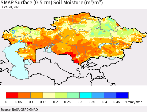 Kazakhstan SMAP Surface (0-5 cm) Soil Moisture (m³/m³) Thematic Map For 10/16/2021 - 10/20/2021