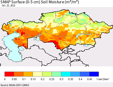 Kazakhstan SMAP Surface (0-5 cm) Soil Moisture (m³/m³) Thematic Map For 10/21/2021 - 10/25/2021