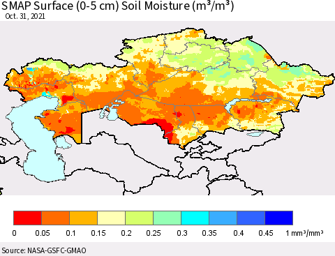 Kazakhstan SMAP Surface (0-5 cm) Soil Moisture (m³/m³) Thematic Map For 10/26/2021 - 10/31/2021