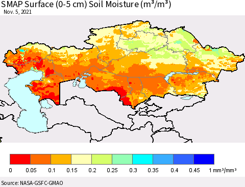 Kazakhstan SMAP Surface (0-5 cm) Soil Moisture (m³/m³) Thematic Map For 11/1/2021 - 11/5/2021