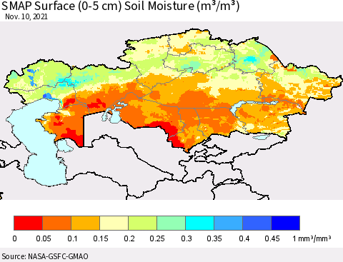 Kazakhstan SMAP Surface (0-5 cm) Soil Moisture (m³/m³) Thematic Map For 11/6/2021 - 11/10/2021