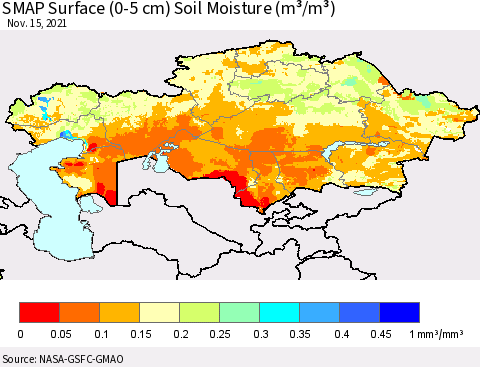 Kazakhstan SMAP Surface (0-5 cm) Soil Moisture (m³/m³) Thematic Map For 11/11/2021 - 11/15/2021