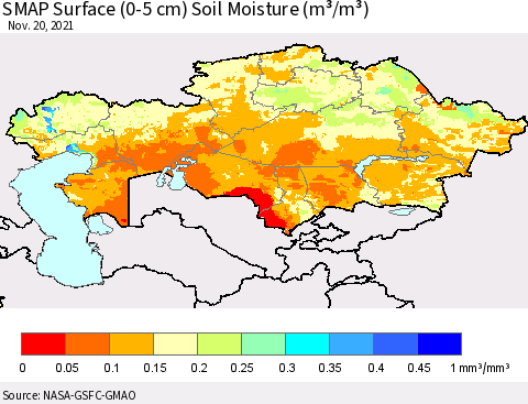 Kazakhstan SMAP Surface (0-5 cm) Soil Moisture (m³/m³) Thematic Map For 11/16/2021 - 11/20/2021