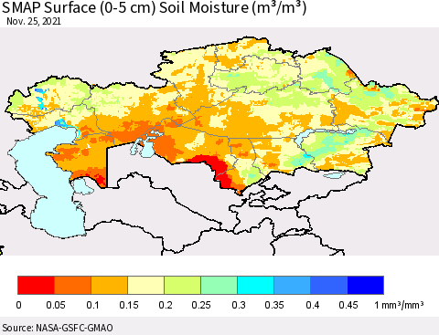 Kazakhstan SMAP Surface (0-5 cm) Soil Moisture (m³/m³) Thematic Map For 11/21/2021 - 11/25/2021