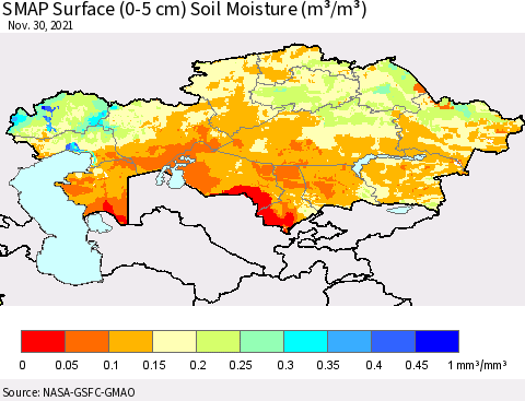 Kazakhstan SMAP Surface (0-5 cm) Soil Moisture (m³/m³) Thematic Map For 11/26/2021 - 11/30/2021