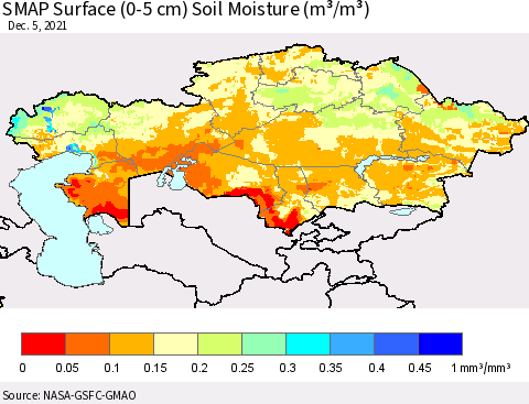 Kazakhstan SMAP Surface (0-5 cm) Soil Moisture (m³/m³) Thematic Map For 12/1/2021 - 12/5/2021