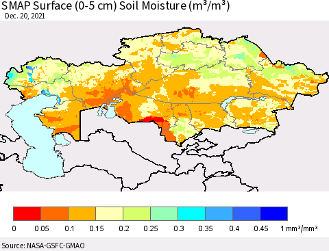 Kazakhstan SMAP Surface (0-5 cm) Soil Moisture (m³/m³) Thematic Map For 12/16/2021 - 12/20/2021