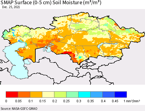 Kazakhstan SMAP Surface (0-5 cm) Soil Moisture (m³/m³) Thematic Map For 12/21/2021 - 12/25/2021