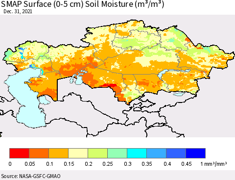 Kazakhstan SMAP Surface (0-5 cm) Soil Moisture (m³/m³) Thematic Map For 12/26/2021 - 12/31/2021
