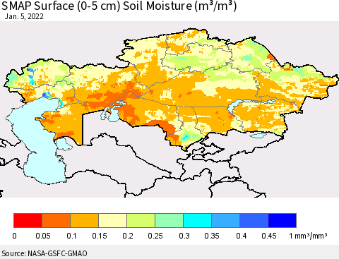 Kazakhstan SMAP Surface (0-5 cm) Soil Moisture (m³/m³) Thematic Map For 1/1/2022 - 1/5/2022