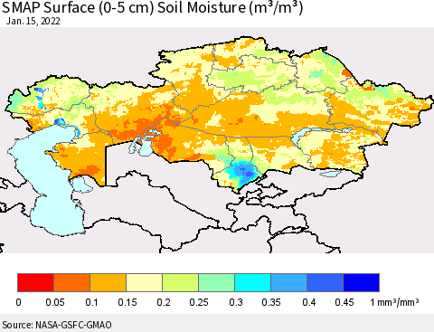 Kazakhstan SMAP Surface (0-5 cm) Soil Moisture (m³/m³) Thematic Map For 1/11/2022 - 1/15/2022