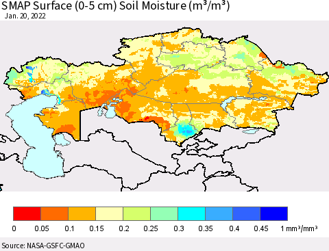Kazakhstan SMAP Surface (0-5 cm) Soil Moisture (m³/m³) Thematic Map For 1/16/2022 - 1/20/2022