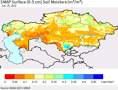 Kazakhstan SMAP Surface (0-5 cm) Soil Moisture (m³/m³) Thematic Map For 1/21/2022 - 1/25/2022