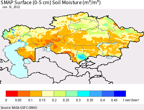 Kazakhstan SMAP Surface (0-5 cm) Soil Moisture (m³/m³) Thematic Map For 1/26/2022 - 1/31/2022