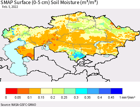 Kazakhstan SMAP Surface (0-5 cm) Soil Moisture (m³/m³) Thematic Map For 2/1/2022 - 2/5/2022