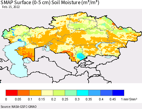 Kazakhstan SMAP Surface (0-5 cm) Soil Moisture (m³/m³) Thematic Map For 2/11/2022 - 2/15/2022