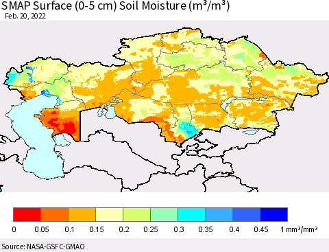Kazakhstan SMAP Surface (0-5 cm) Soil Moisture (m³/m³) Thematic Map For 2/16/2022 - 2/20/2022