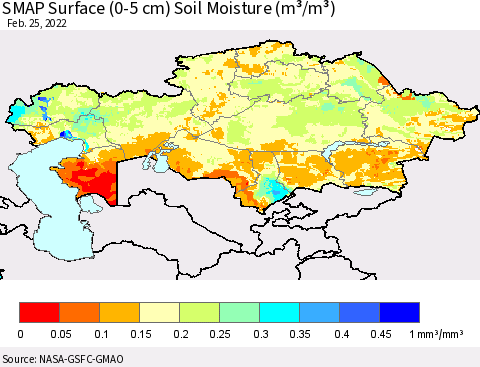 Kazakhstan SMAP Surface (0-5 cm) Soil Moisture (m³/m³) Thematic Map For 2/21/2022 - 2/25/2022
