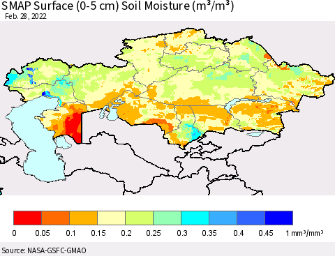 Kazakhstan SMAP Surface (0-5 cm) Soil Moisture (m³/m³) Thematic Map For 2/26/2022 - 2/28/2022