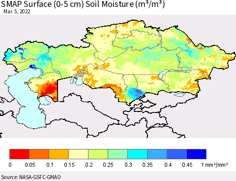 Kazakhstan SMAP Surface (0-5 cm) Soil Moisture (m³/m³) Thematic Map For 3/1/2022 - 3/5/2022