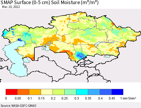 Kazakhstan SMAP Surface (0-5 cm) Soil Moisture (m³/m³) Thematic Map For 3/6/2022 - 3/10/2022