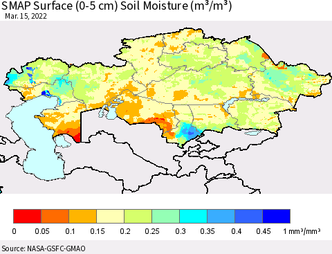 Kazakhstan SMAP Surface (0-5 cm) Soil Moisture (m³/m³) Thematic Map For 3/11/2022 - 3/15/2022