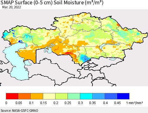 Kazakhstan SMAP Surface (0-5 cm) Soil Moisture (m³/m³) Thematic Map For 3/16/2022 - 3/20/2022