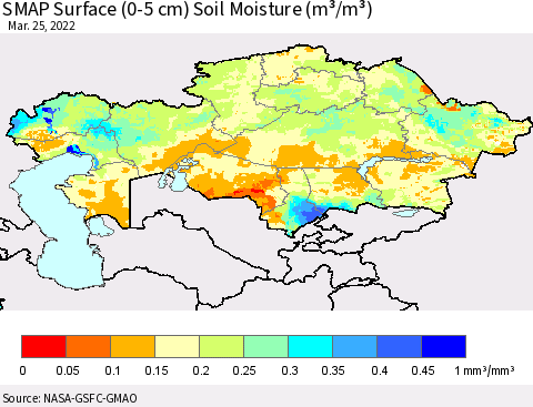 Kazakhstan SMAP Surface (0-5 cm) Soil Moisture (m³/m³) Thematic Map For 3/21/2022 - 3/25/2022