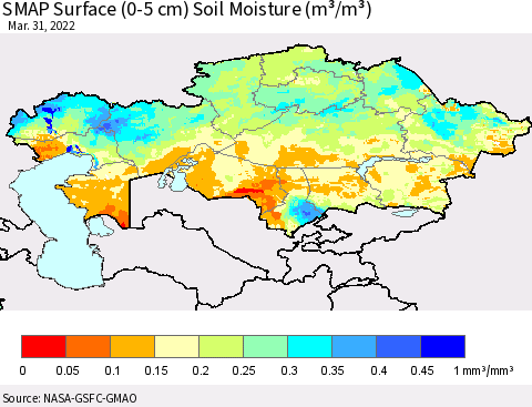 Kazakhstan SMAP Surface (0-5 cm) Soil Moisture (m³/m³) Thematic Map For 3/26/2022 - 3/31/2022