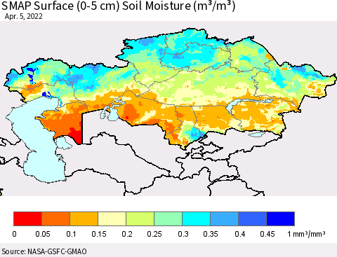 Kazakhstan SMAP Surface (0-5 cm) Soil Moisture (m³/m³) Thematic Map For 4/1/2022 - 4/5/2022