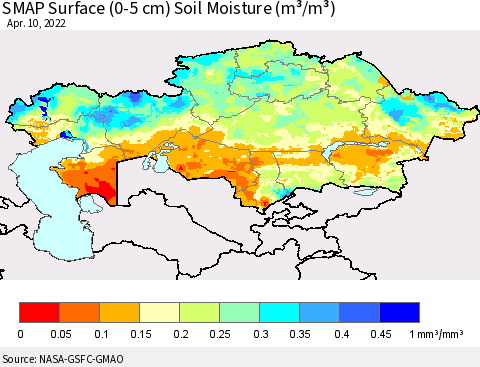 Kazakhstan SMAP Surface (0-5 cm) Soil Moisture (m³/m³) Thematic Map For 4/6/2022 - 4/10/2022