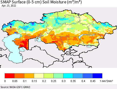 Kazakhstan SMAP Surface (0-5 cm) Soil Moisture (m³/m³) Thematic Map For 4/11/2022 - 4/15/2022