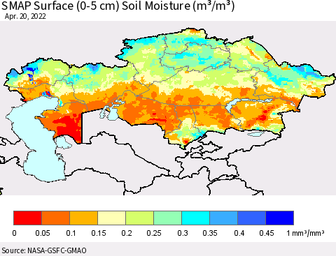 Kazakhstan SMAP Surface (0-5 cm) Soil Moisture (m³/m³) Thematic Map For 4/16/2022 - 4/20/2022