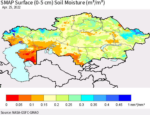 Kazakhstan SMAP Surface (0-5 cm) Soil Moisture (m³/m³) Thematic Map For 4/21/2022 - 4/25/2022