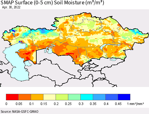 Kazakhstan SMAP Surface (0-5 cm) Soil Moisture (m³/m³) Thematic Map For 4/26/2022 - 4/30/2022