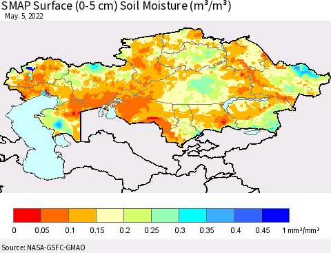 Kazakhstan SMAP Surface (0-5 cm) Soil Moisture (m³/m³) Thematic Map For 5/1/2022 - 5/5/2022