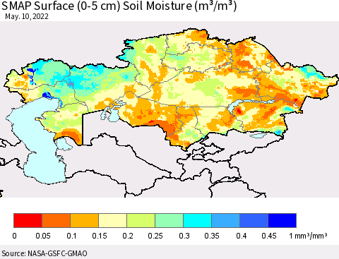 Kazakhstan SMAP Surface (0-5 cm) Soil Moisture (m³/m³) Thematic Map For 5/6/2022 - 5/10/2022