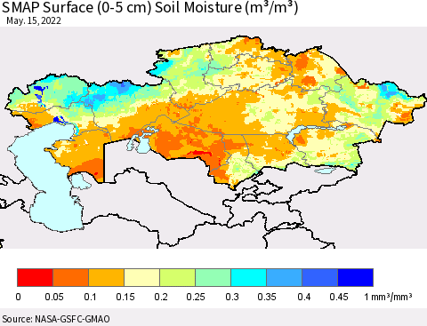 Kazakhstan SMAP Surface (0-5 cm) Soil Moisture (m³/m³) Thematic Map For 5/11/2022 - 5/15/2022